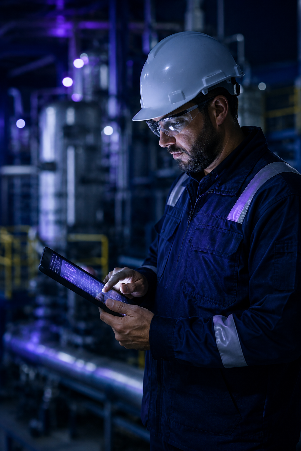 Profissional de operações industriais consultando um tablet em ambiente fabril